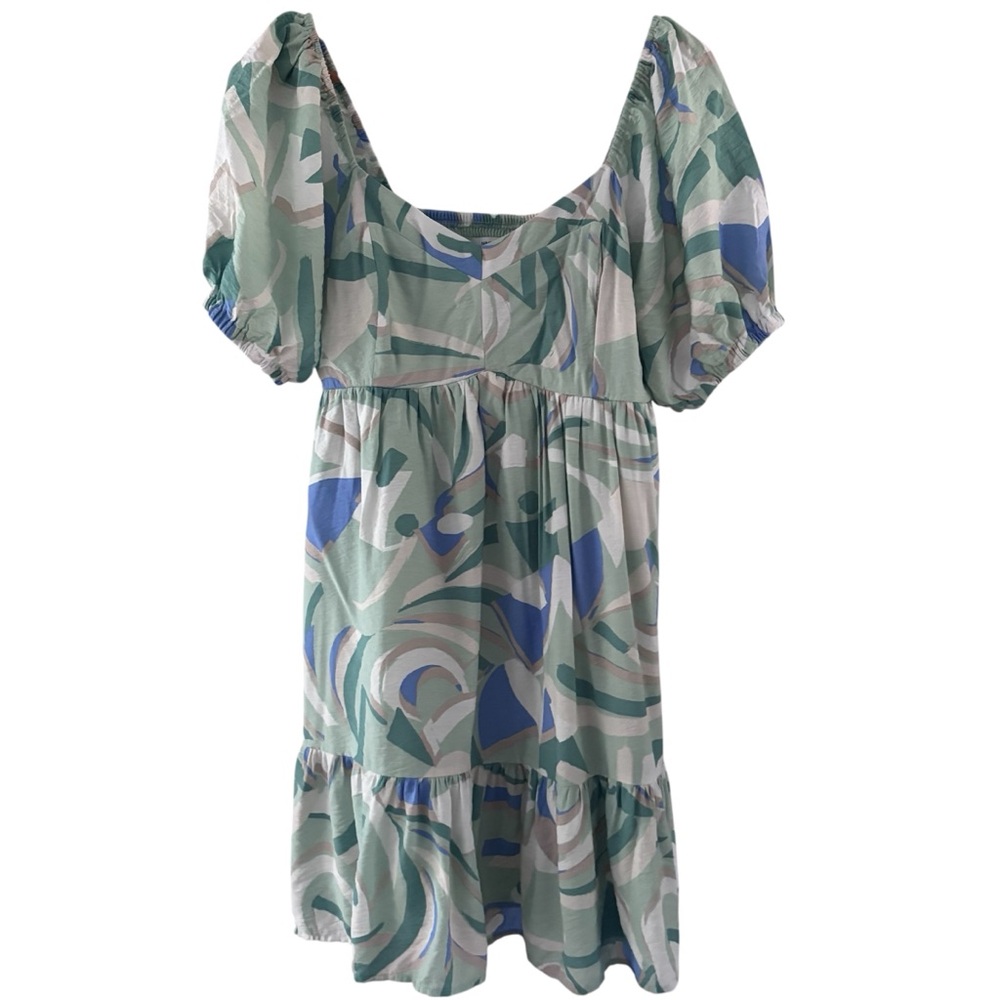 Nine West Green Floral A-Line Midi Green and Blue Patterned Dress Size Large